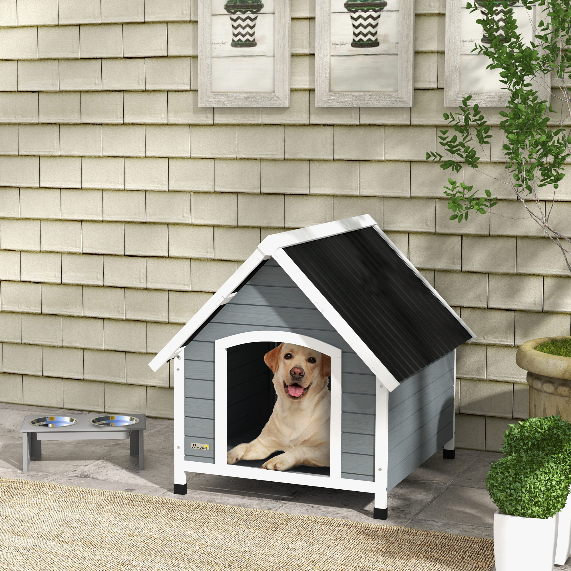 Pawhut Cuccia per Cani in Legno da Esterno, Casetta per Cani Grandi con Pavimento Rimovibile, 84x99x87cm, Grigio