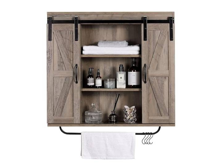 RUSTOWN Rustikaler Wandschrank aus Holz mit zwei Schiebetüren, 3-stöckig, dekorativer Landhaus-Vintage-Schrank für Küche, Esszimmer, Badezimmer, Wohnzimmer, gewaschene Eiche