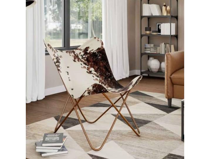 HEFZGDB Butterfly Sessel aus echtem Kuhfell in Braun und Weiß mit Eisengestell – Ergonomischer Vintage Design Stuhl für hohen Sitzkomfort und Langlebigkeit
