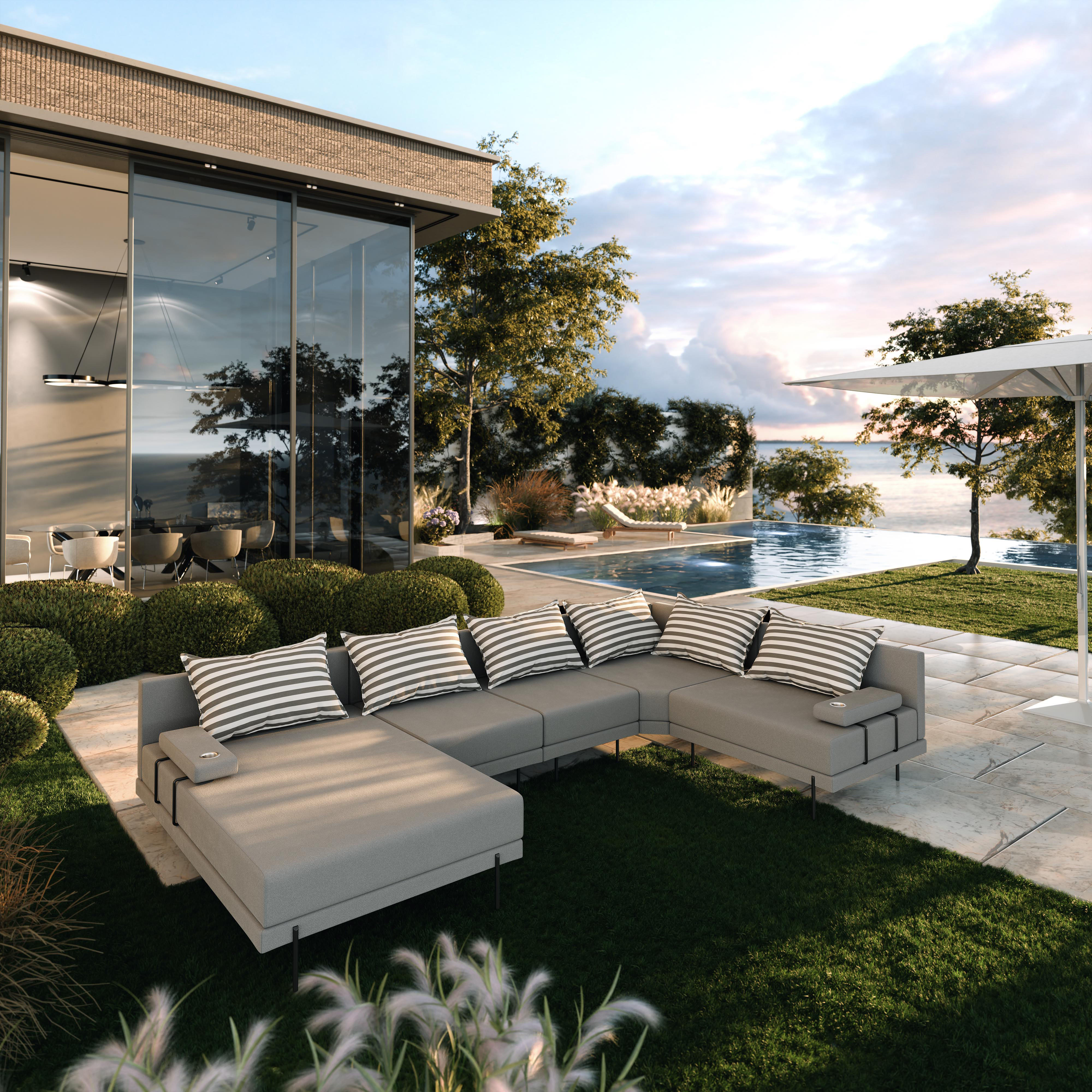 TRADA Gartenecksofa Bahama XL Streifen Grau 370x175 cm Gartenmöbel set Wasserabweisend Stoff