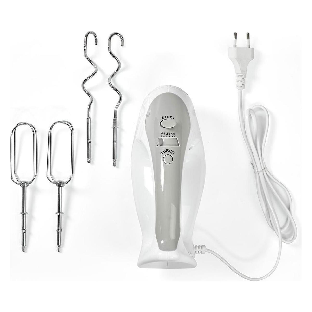 Nedis Hand Mixer 200 W 5-Speed Setting Turbo function 2 Beaters / 2 Dough Hooks Grey/White (200 W) (KAHM100CWT)