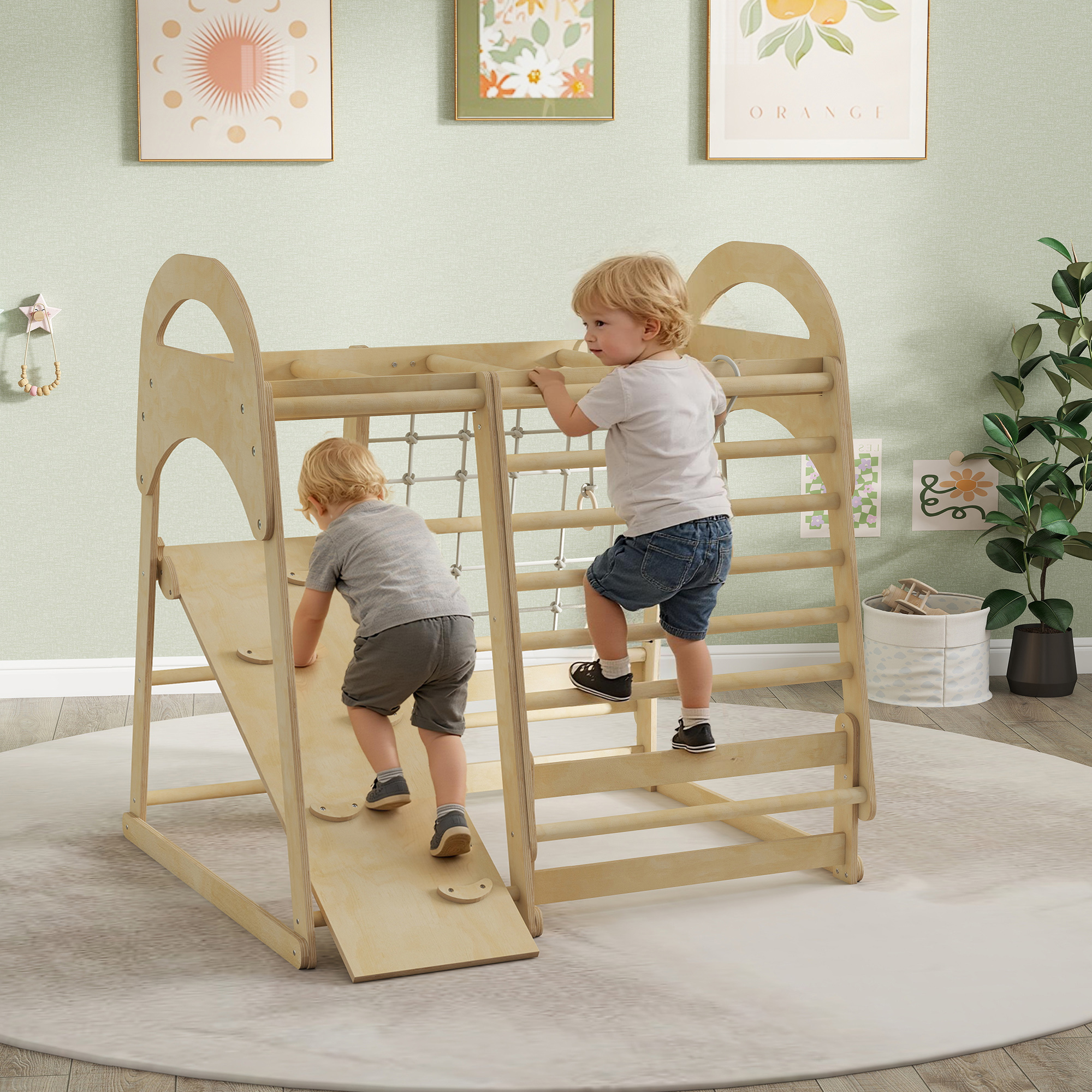 Aiyaplay Struttura da arrampicata per interni 6-in-1, con scivolo, sbarre, rete e parete da arrampicata, scala, 3-6 anni, Legno   Aosom Italy