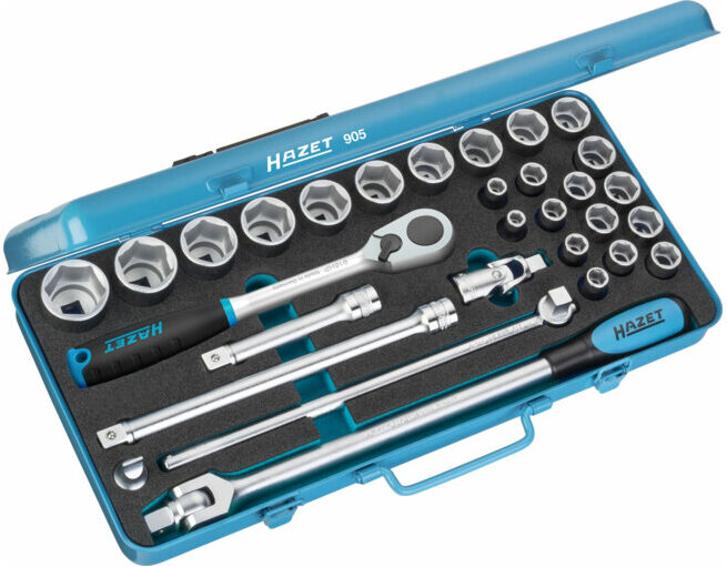 Jeu de clés à douilles 905 ∙ Carré creux 12,5 mm (1/2 pouce) ∙ Profil Traction à 6 pans extérieurs ∙ Nombre d'outils : 30 HAZET (905)
