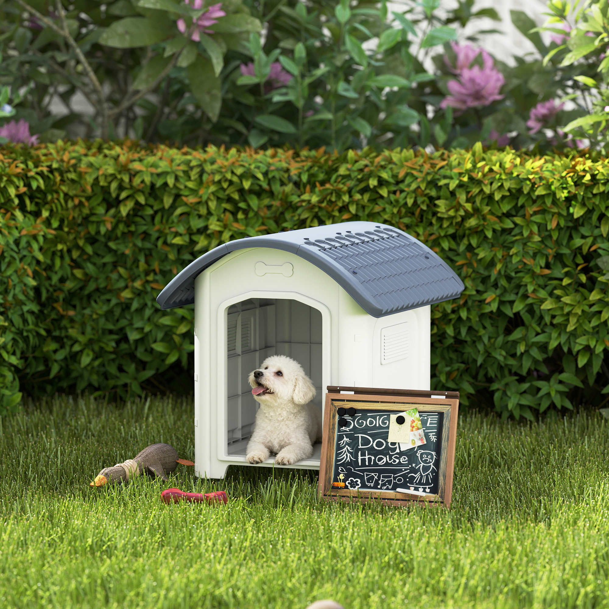 Pawhut Cuccia per Cane da Esterno, Casa per Cane in Plastica con Pavimento Rialzato e Amovibile, Tetto Impermeabile, Grigio   Aosom Italy