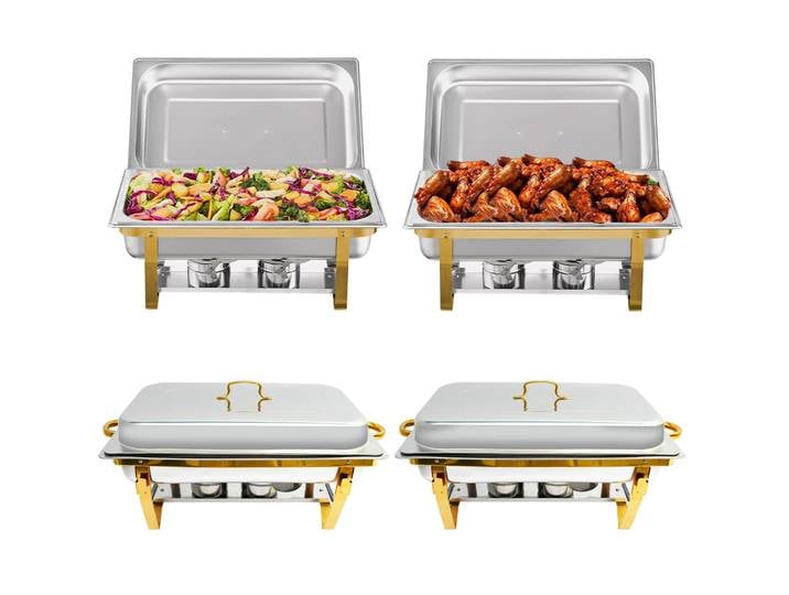 Lot de 2/4/6 réchauds de buffet rectangulaires en acier inoxydable 316 doré pour hôtels, traiteurs, fêtes, mariages et événements en extérieur
