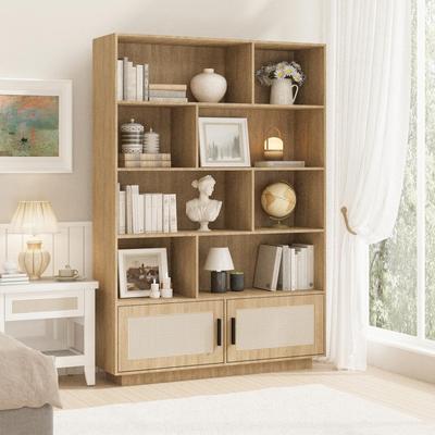 Garvee 5 Tier Rattan Bookshelf with Storage Cabinet & Door for Living Room