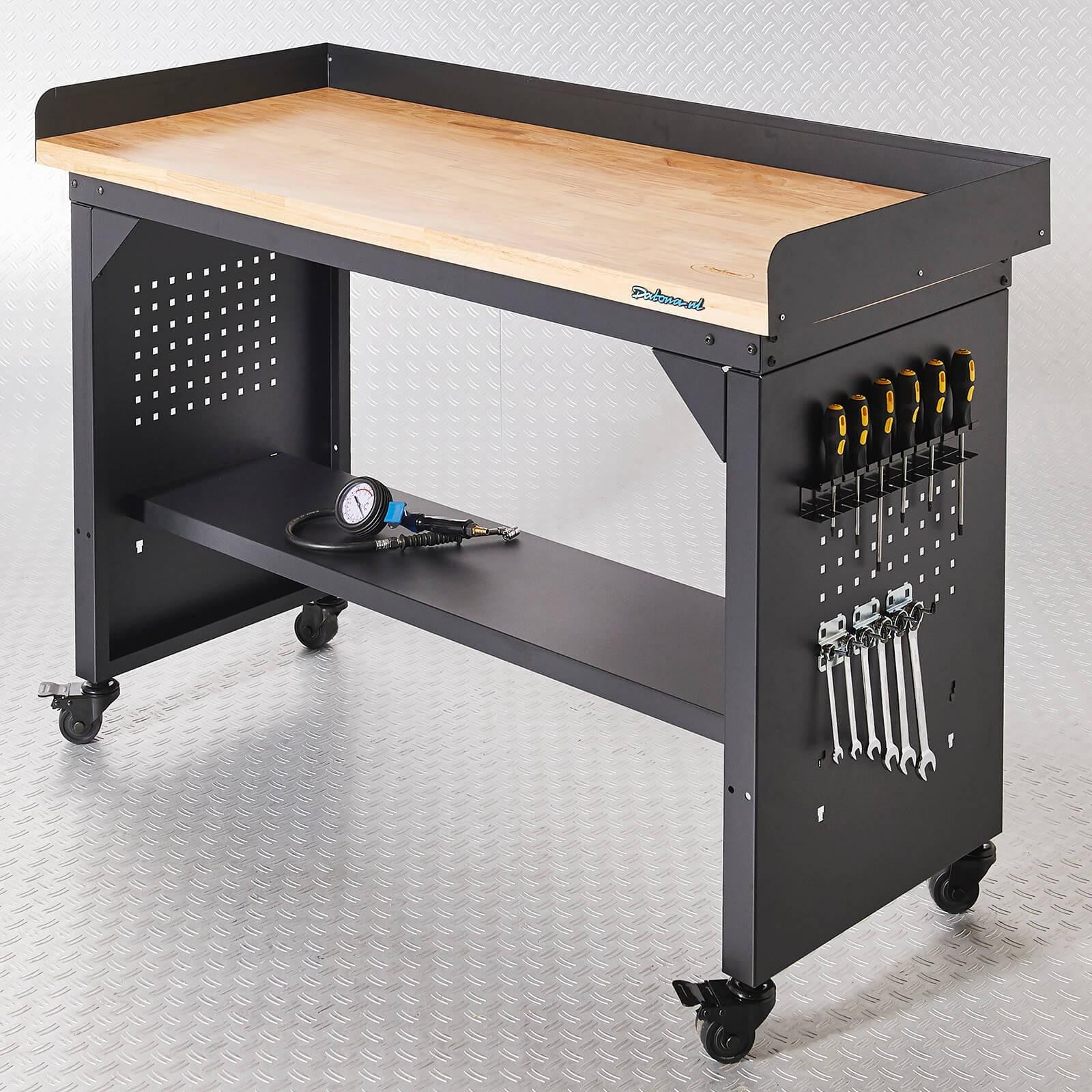 Datona Werkbank PRO met eiken werkblad en verrijdbaar legbord, zwart, 150 cm
