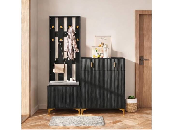 Ensemble vestiaire mural avec banc à chaussures capitonné patères et meuble à tiroirs design noir ondulé