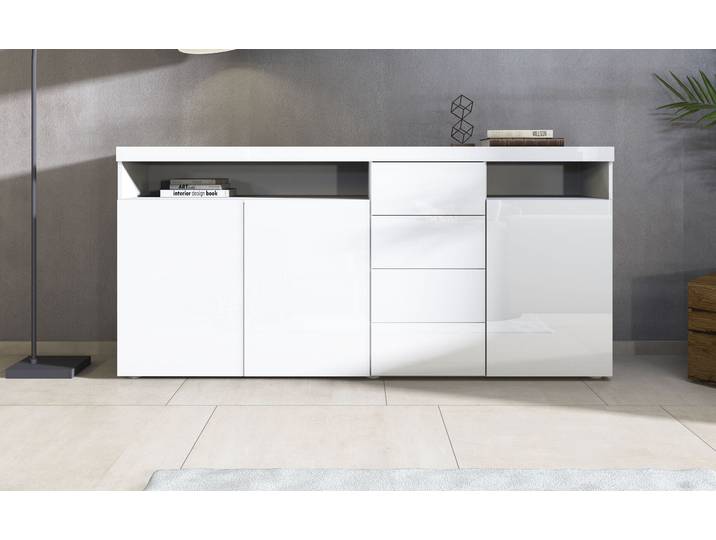 Highboard BORCHARDT MÖBEL Kapstadt, Breite 200cm, Kommode mit Drucköffner , weiss (weiß, glänzend), B:200cm H:93cm T:35cm, Holzwerkstoff, Sideboards, Highboard, Türen, Schubladen, offene Fächer, viel Stauraum, praktisch, modern