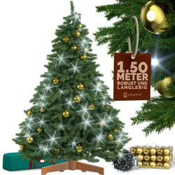 Künstlicher Weihnachtsbaum Premium 150cm + Kugeln Gold + Lichterkette kaltweiß