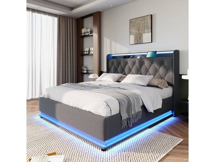 Lit coffre 140x200cm Design classique - Éclairage LED multicolore à 360° - Tête de lit rembourrée avec interface USB/Type-C