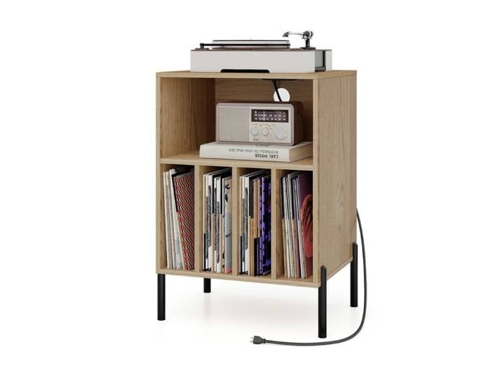 COSTWAY Support de Stockage de Disques Vinyles avec 5 Compartiments Ouverts Pieds en Métal Station de Charge USB Nature