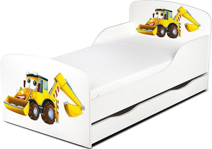 Einzelbett aus Holz Yellow Excavator Kinderbett mit Schubladen für Bettwäsche, Stauraum, Holzbett mit Matratze Lattenrost, Komplett Set, Liegefläche 70/140 cm, UV-Druck