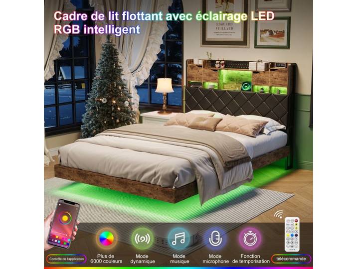 Lit double 160x200 cm - Métal - Design suspendu - Éclairage LED - Rangement intégré