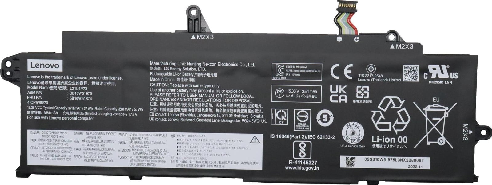 Lenovo interne lithium-ion batterij 57Wh voor laptops, modelnummer 5B10W51874