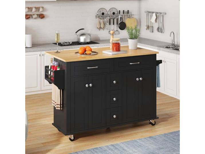 Chariot de cuisine avec plan de travail pliable 120x65cm extensible avec 5 tiroirs armoires roulettes îlot de cuisine pour cuisine