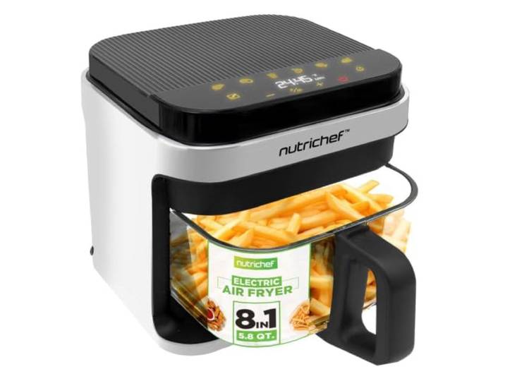 NutriChef Air Fryer – Heißluftfritteuse 8-in-1 mit transparenter Schüssel – Garnelen, Steak, Pommes, Huhn & Mehr – Präzise Temperatur & Zeit – 5,5 L – Weiß