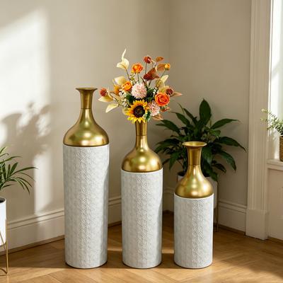 Kodotan sofa Decorative Metal Vases Set of 3, Gold Leaf Pattern Floor Vases, White & Gold Tall Vases for Home Decor, Living Room Entryway