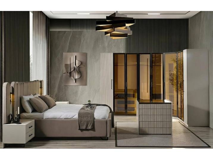 Xlmoebel Komplettschlafzimmer Schlafzimmer Set Bett Schrank Kommode Nachttisch Modern Beige Edel, (4-tlg., 1x Bett, 1x Schrank, 1x Kommode, 1x Nachttisch)