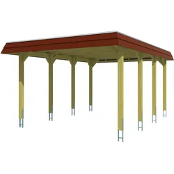 Skan Holz Walmdach Carport-396x589-rote Blende-imprägniert (farblich unbehandelt) Holzcarport