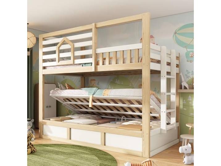 Merax Kinder Etagenbett 90x200 cm, Platzsparendes Hochbett Etagenbett mit Hydraulik Stauraum, Fenster, Rausfallschutz, Treppe, Kinderbett, Holzbett, Hüttenstil, Ohne Matratze, Weiß+Eiche