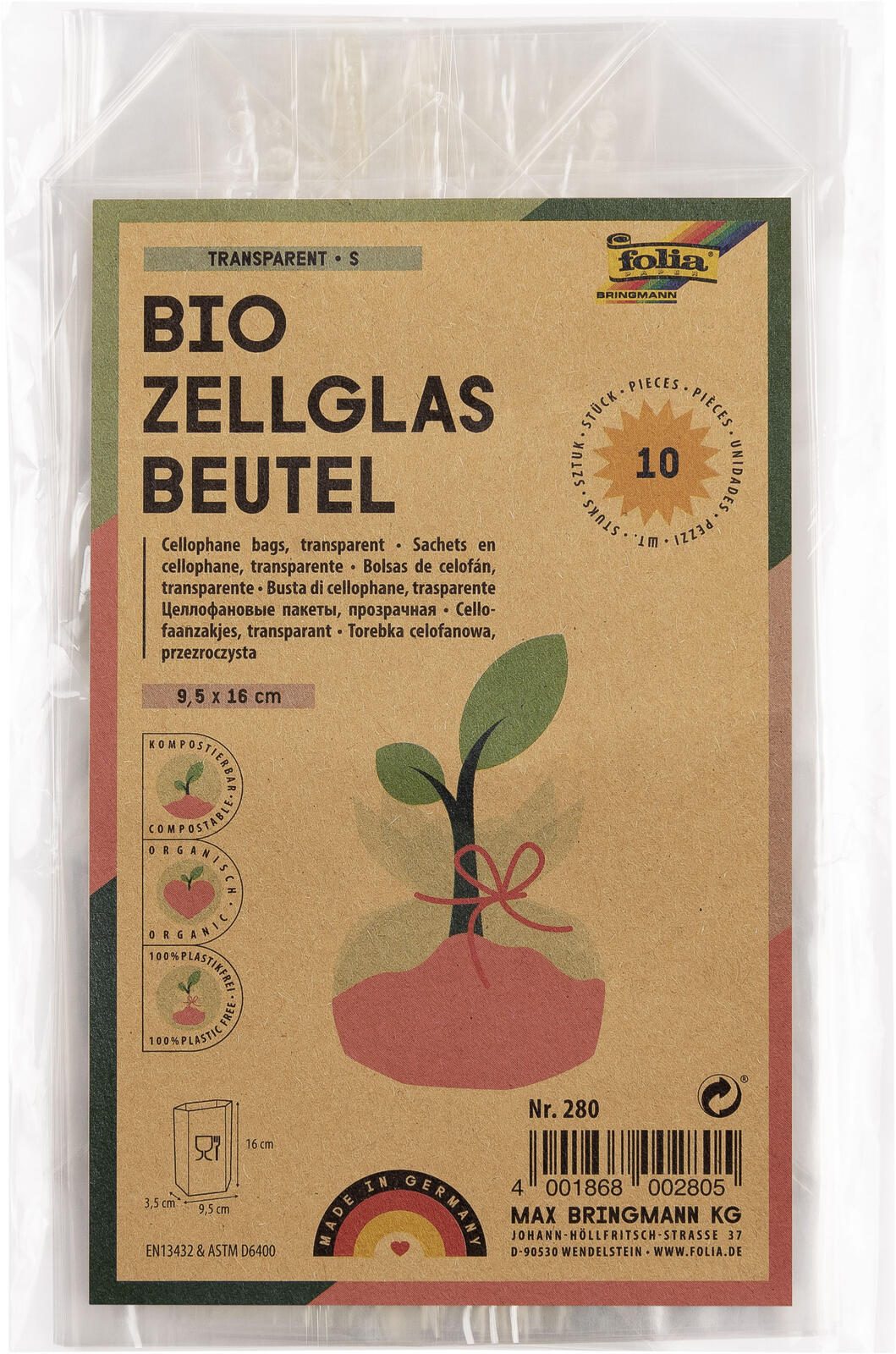 folia Zellglasbeutel 9,5 x 16,0 cm transparent 280