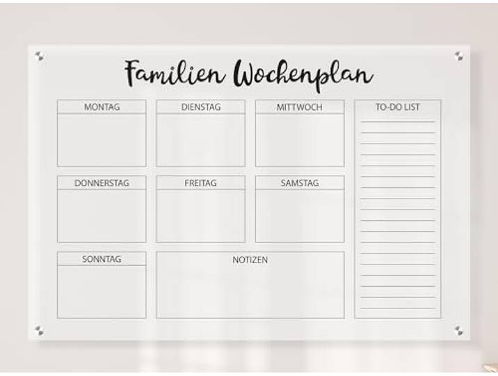 Queence Acrylglas Wochenplaner abwischbar 60x40 cm Wochenplan transparent Geburtstags-Kalender wiederverwendbar Familienplaner Notizen Terminkalender Wandkalender Monatskalender