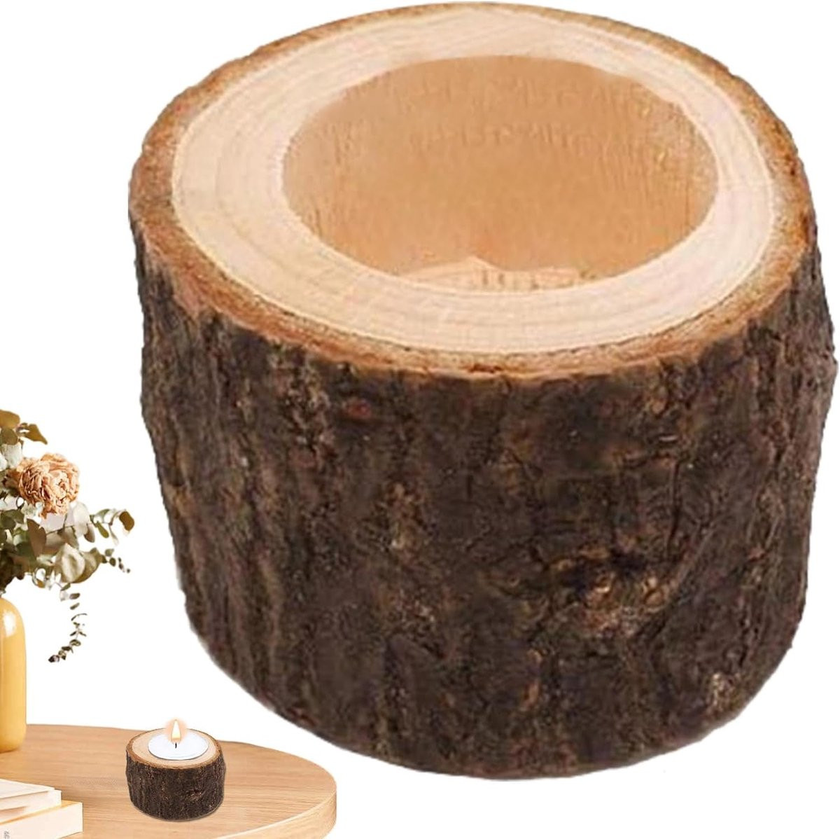 Handgemaakte houten theelichthouders in medium houtkleur voor een rustieke sfeer