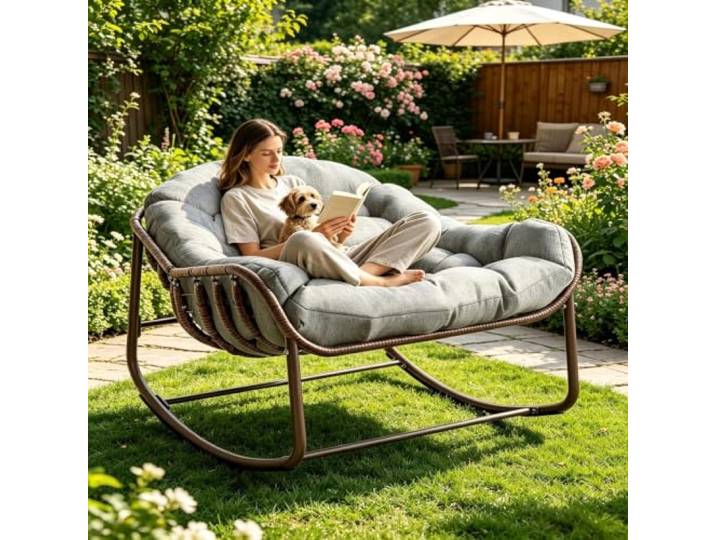 Überdimensionierter Ei-Schaukelstuhl Aus Wetterfestem PE-Rattan Mit Dick Gepolsterten Kissen, Bis 160 kg Belastbar, Indoor & Outdoor Geeignet Für Garten, Terrasse, Balkon Und Wohnzimmer, Pflegeleicht