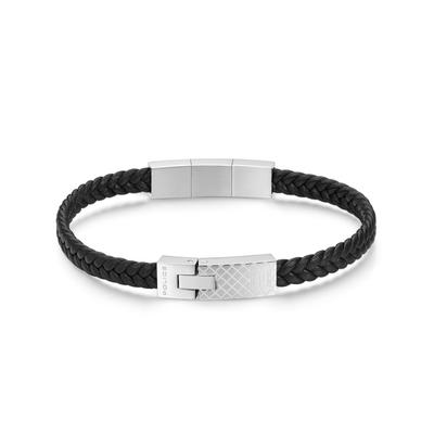 Armband POLICE "Intersect", schwarz, edelstahlfarben, Armbänder, Herren, 22cm, Edelstahl Leder, Edelstahl, Leder, Armband