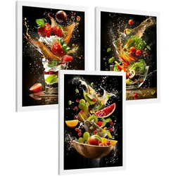 POSTER 3er Set Küchen-Wandbilder Dessert Salat und Obst Splash Fotografie Schwarzer Hintergrund Esszimmer Weißer Rahmen A4