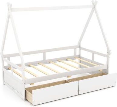 Costway Twin Size House Bed with Roof and Safety Guardrail-White
