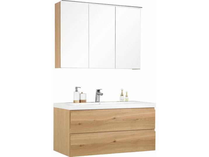Novel Badezimmer, Eichefarben, Holz, Glas, Holzwerkstoff, Eiche, furniert,furniert,furniert, 2 Schublade(n) Schubladen, 105 cm, hängend, Typenvielfalt, Badezimmer, Badmöbelsets & -serien, Badmöbelset