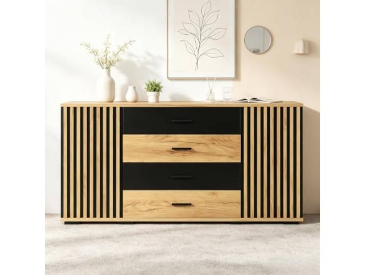 DUlVBPE Sideboard 140x35x70cm aus MDF mit 4 Schubladen & 2 Türen, vertikale Rillenoptik Kommode mit verstellbaren Einlegeböden, Eiche-Schwarz Kombination Stauraumschrank für Wohnzimmer Esszimmer