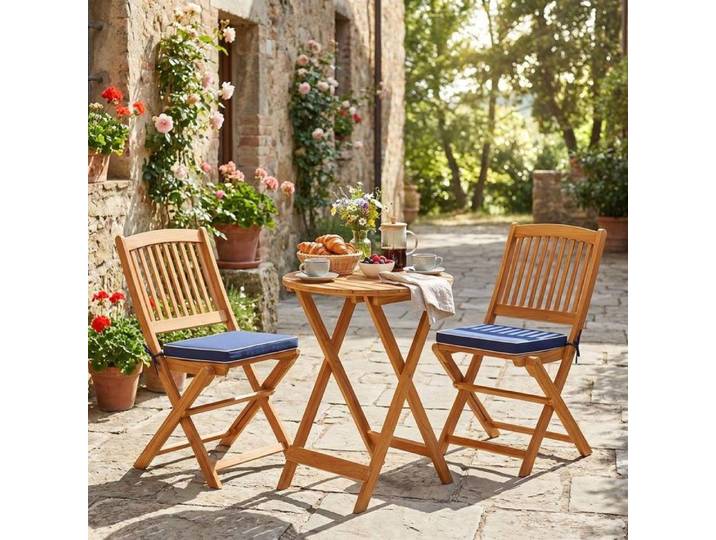Ensemble table et chaises de jardin - 2 places - Bois massif mimosa - Pliables - Coussins amovibles