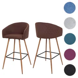 2er-Set Barhocker HWC-D72, Barstuhl Tresenhocker Küchenhocker mit Lehne, Metall Holzoptik ~ Stoff/Textil, braun