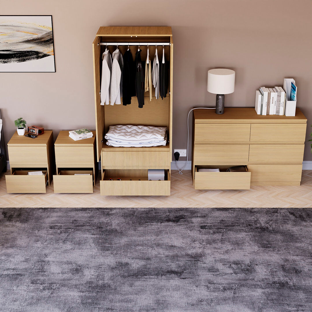 17 Stories Tanino 4 Piece Bedroom Set (2 Drawer Large Bedside Chest X2, 6 Drawer Chest, 2 Door 2 Drawer Wardrobe) Beige