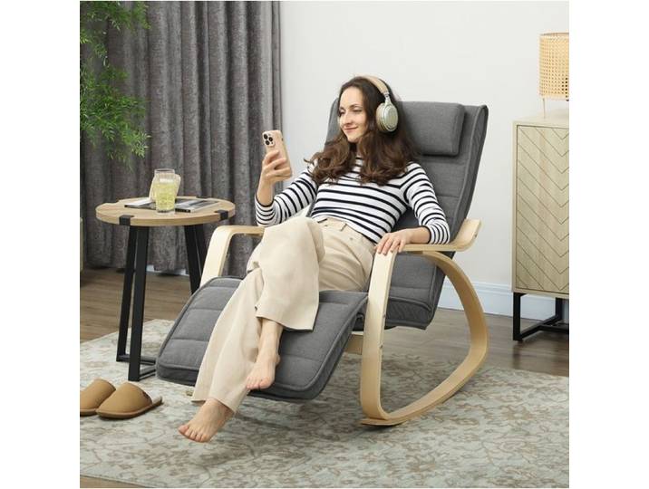 WOVREO Fauteuil à bascule massant gris avec chauffage lombaire repose-pieds réglable polyester