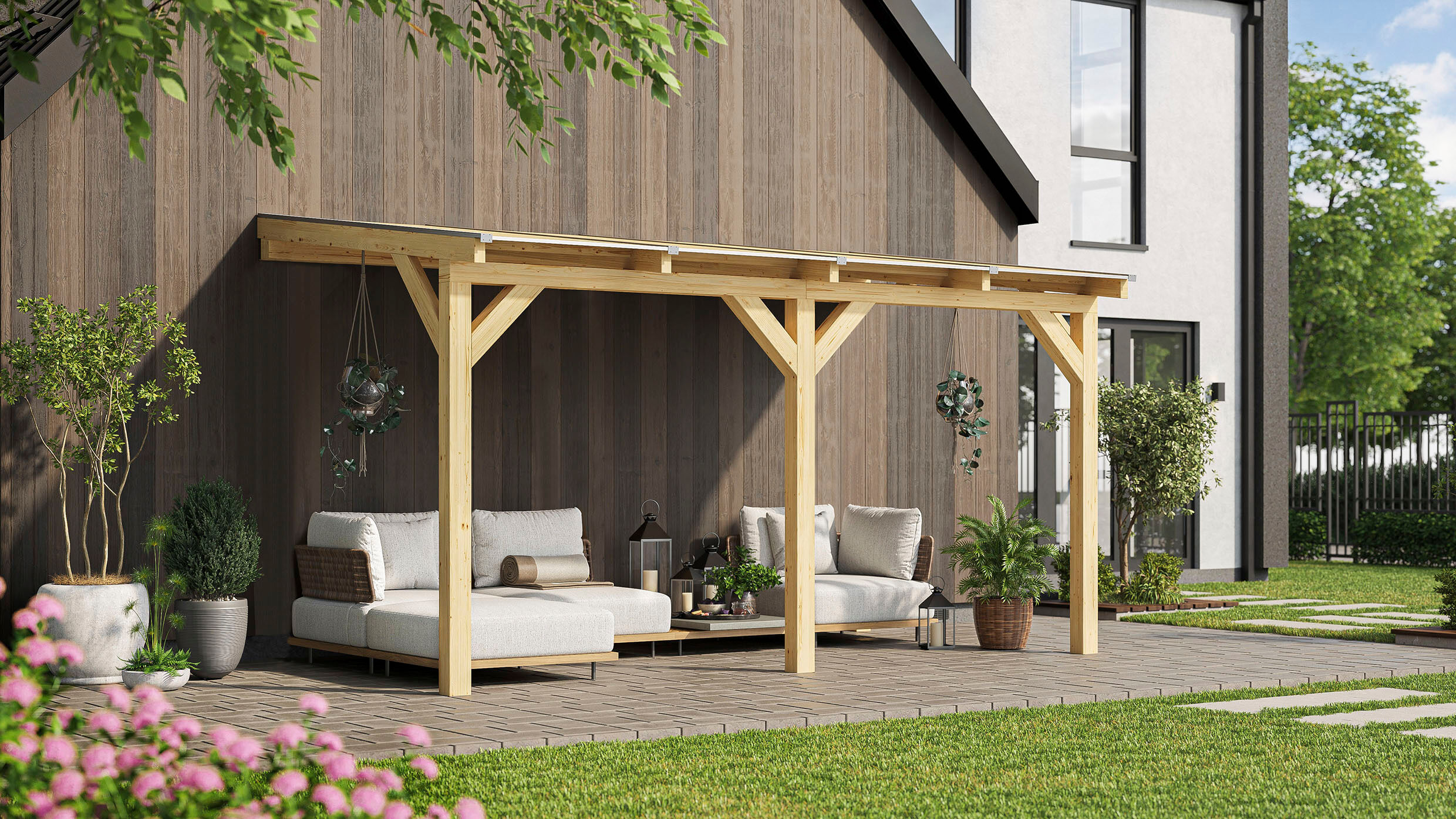 Terrassendach WEKA "Terrassenüberdachung", beige (naturbelassen), B:348cm T:242cm, Fichtenholz, Polycarbonat (PC), Terrassenüberdachungen, Terrassendach, aus verzugssteifem Leimholz, direkt farblich behandelbar