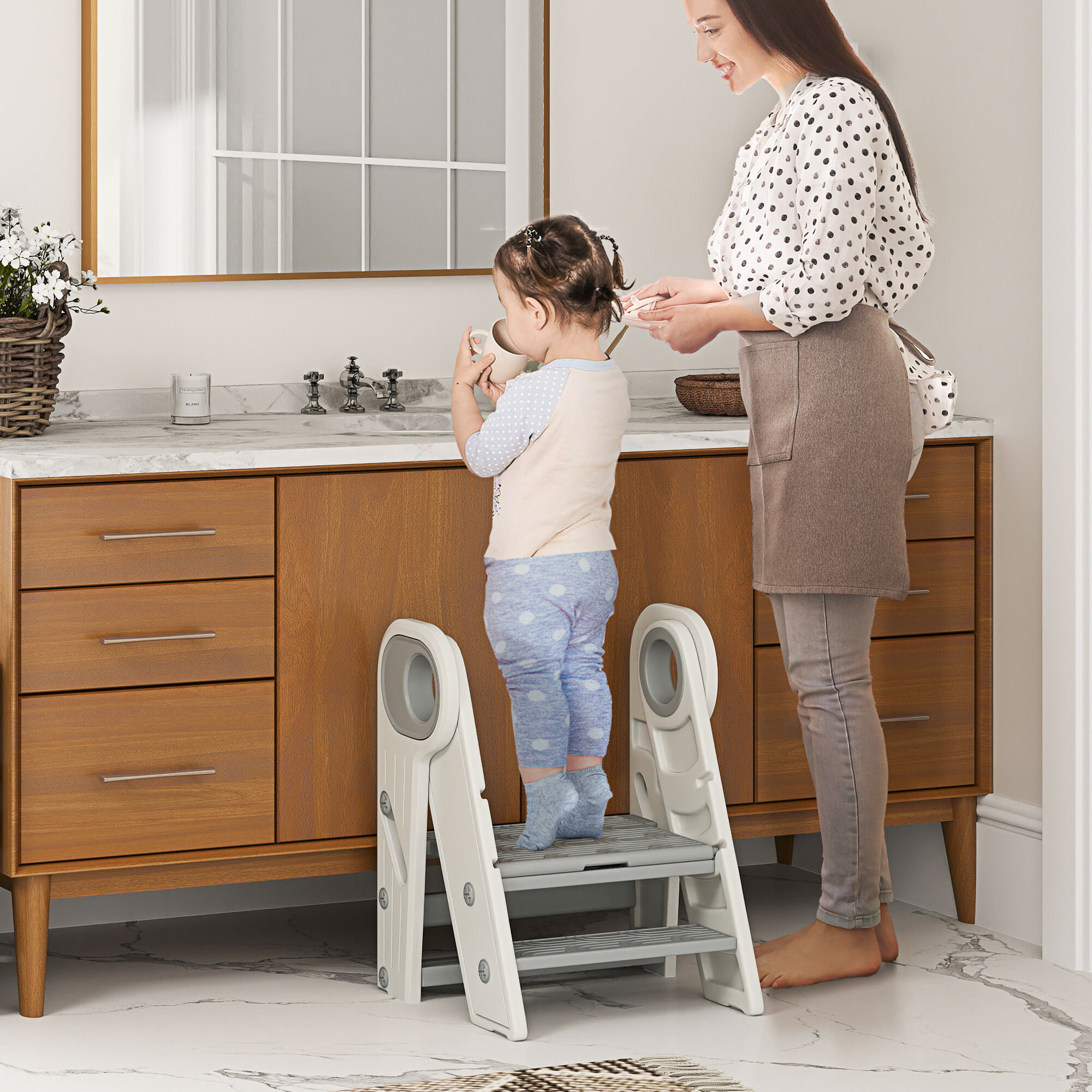 Altro Torre Montessoriana Bambini Pieghevole A 3 Gradini Regolabili Con Maniglia E Superficie Antiscivolo, Grigio