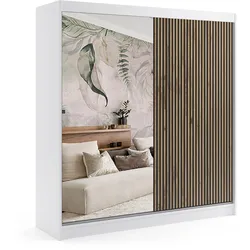 KLEIDERSCHRANK VILAN mit Spiegel - 200 cm - Weiß|Eiche Wotan