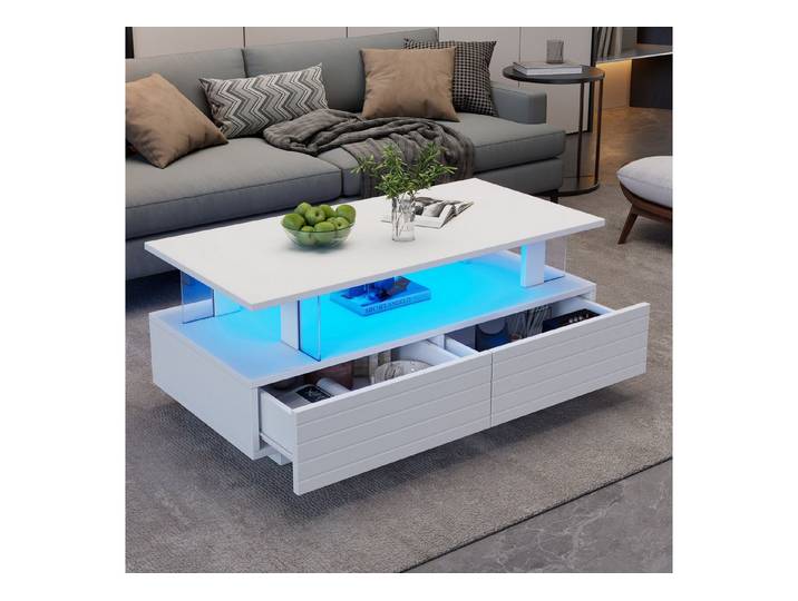 OKWISH Couchtisch mit Aufbewahrungsfunktion (Satztisch, Beistelltisch, 1-St., 2 Schubladen), Acryl-LED-wohnzimmertisch, mit Bluetooth-Handy-App-Steuerung