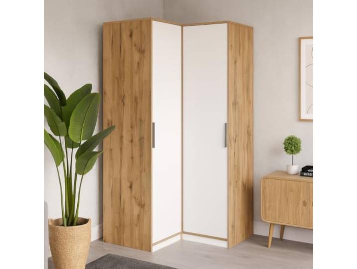 BEAUTY SOFA Eckkleiderschrank LIVO mit 2 Drehtüren, 2 Kleiderstangen und Regalfächern, platzsparender Eckschrank, 108,5 cm breit, weiß