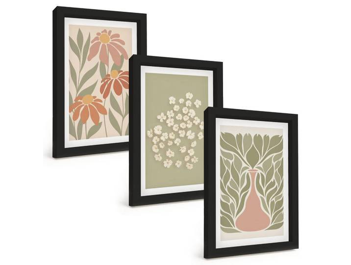 Tulup Bilder SET 3er Set - 20x30 cm Schwarzer Rahmen - Florale Boho-Muster, Kunststoff, Rechteckig, 20x30 cm, gerahmt, Bilder & Rahmen, Bilder