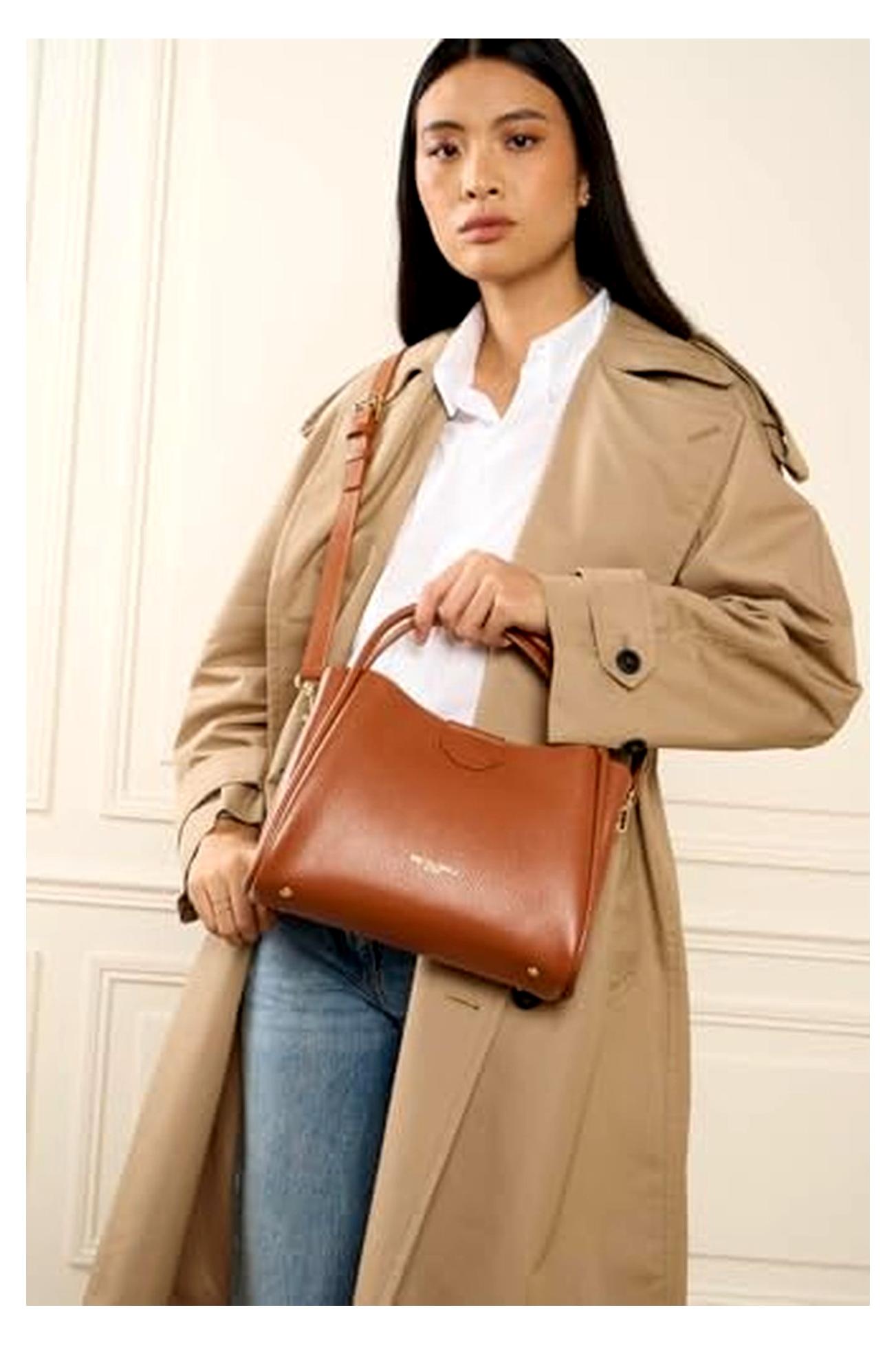 Ida Double - Handtasche aus Rindsleder, genarbt, kamelfarben - Orange