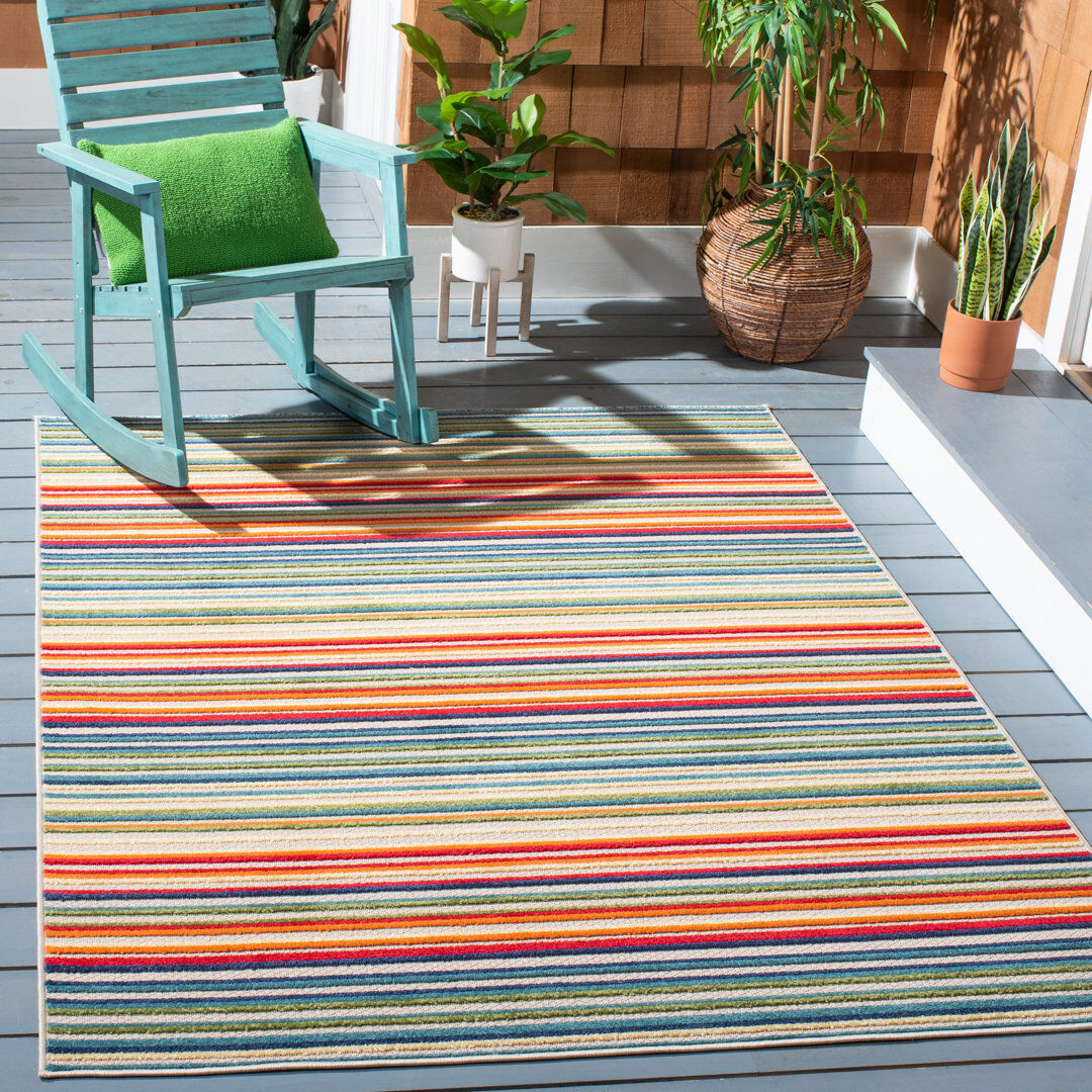 Ebern Designs Striped Indoor / Outdoor Area Rug Ivory / Green Rectangle 160 x 229 cm