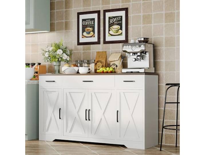IDEALHOUSE 55-Zoll Holz Sideboard Mit 3 Schubladen, Landhausstil Buffetschrank mit Türen & Ablagen, multifunktional nutzbar als Coffee-Bar-Unterschrank