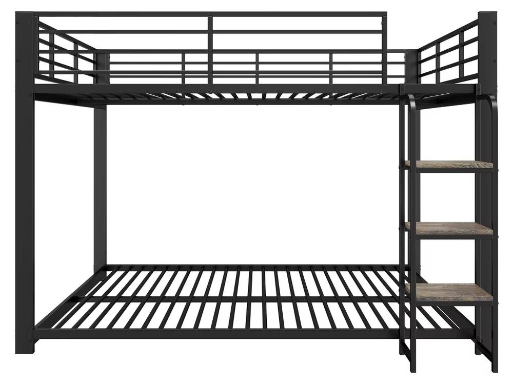 Etagenbett - Hochbett aus Metall - 90 x 200 cm - Stabiler Metallrahmen - Holztreppe - Platzsparend - Schwarz