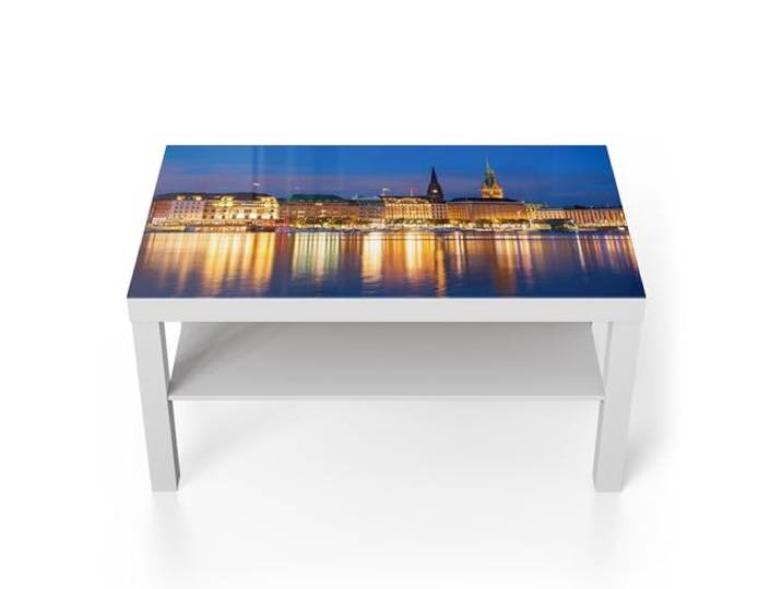 DEQORI Glastisch weiß groß 90x50 cm Motiv Hamburg bei Nacht ausgefallener Beistelltisch aus Glas Hochglanz Couchtisch fürs Wohnzimmer moderner Couch Tisch mit Design