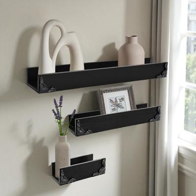"American Art Decor Vintage Black Ornate Trim 3-Piece Floating Wall Shelf Set - 2"" x 17.75"""